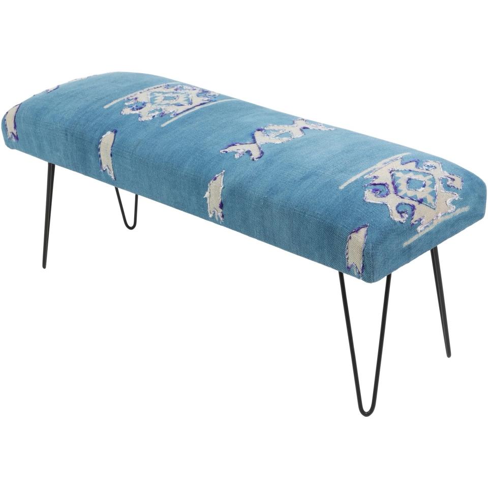 <a rel="nofollow noopener" href="https://www.overstock.com/Home-Garden/Mahalia-Dark-Blue-Boho-Cotton-Bench/18160558/product.html" target="_blank" data-ylk="slk:SHOP NOW;elm:context_link;itc:0;sec:content-canvas" class="link ">SHOP NOW</a>: Mahalia dark blue boho cotton bench, $235, overstock.com