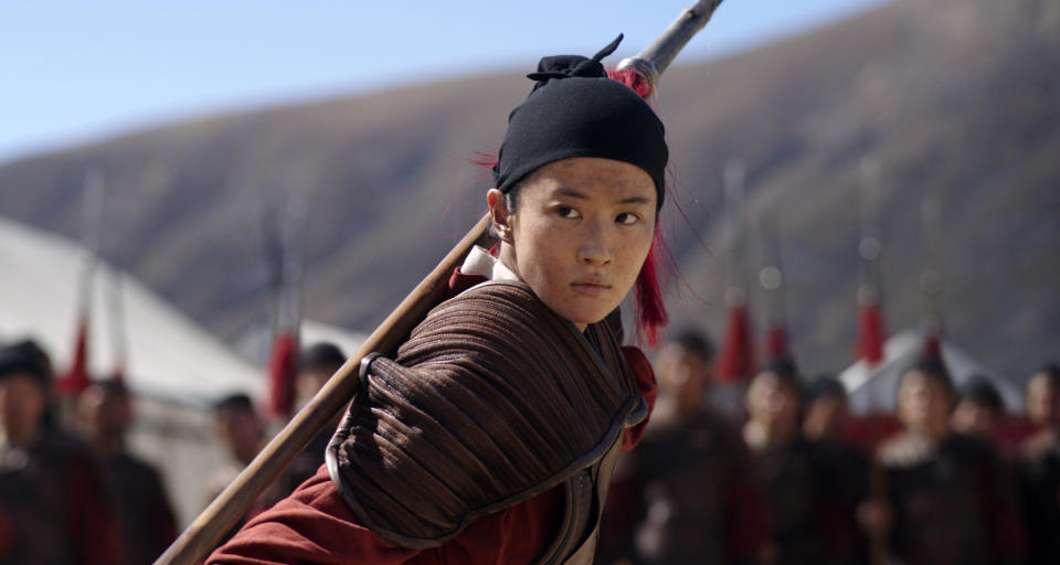 This image released by Disney shows Yifei Liu in the title role of "Mulan." (Jasin Boland/Disney via AP)