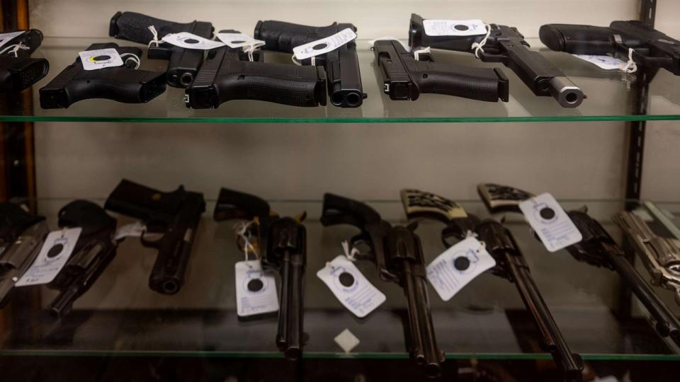 PHOTO: Firearms are seen displayed on shelves in the McBride Guns Inc. store, Aug. 25, 2023, in Austin, Texas. (Brandon Bell/Getty Images)
