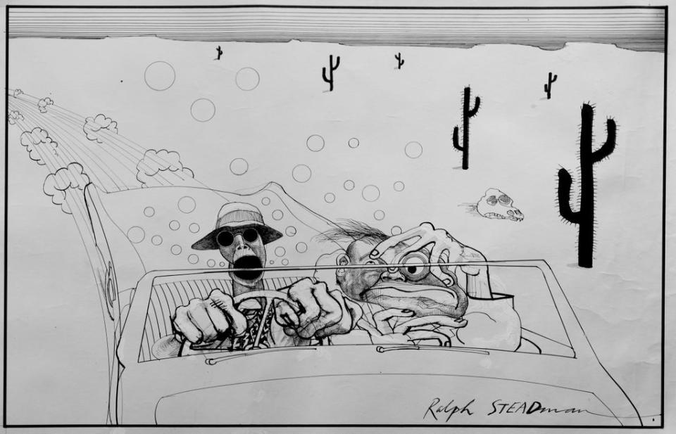 ‘Bombing into Vegas’ – Thompson and Acosta’s high-speed desert trip, as seen by Ralph Steadman (Ralph Steadman)