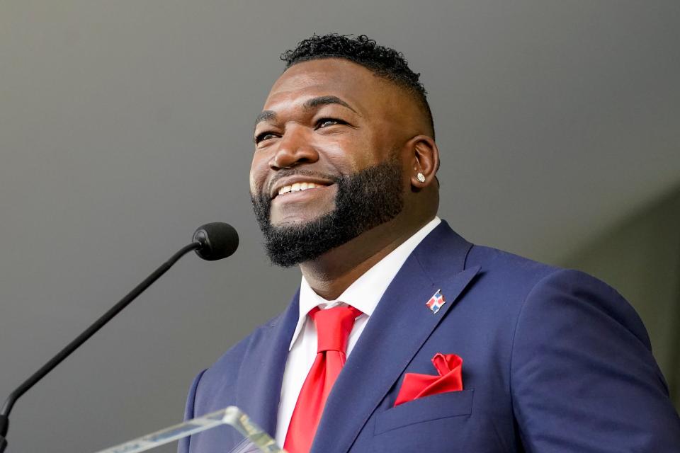 Hall of Fame inductee David Ortiz, formerly of the Boston Red Sox, speaks during the National Baseball Hall of Fame induction ceremony, Sunday, July 24, at the Clark Sports Center in Cooperstown, N.Y. (AP Photo/John Minchillo)