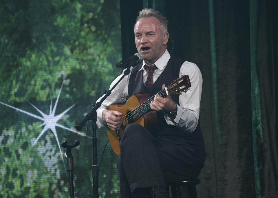 FILE - Honoree Sting performs "Every Breath You Take," winner of the award for most played song in BMI's history, at the 67th annual BMI Pop Awards on May 14, 2019. The singer turns 70 on Oct.2. (Photo by Chris Pizzello/Invision/AP, File)