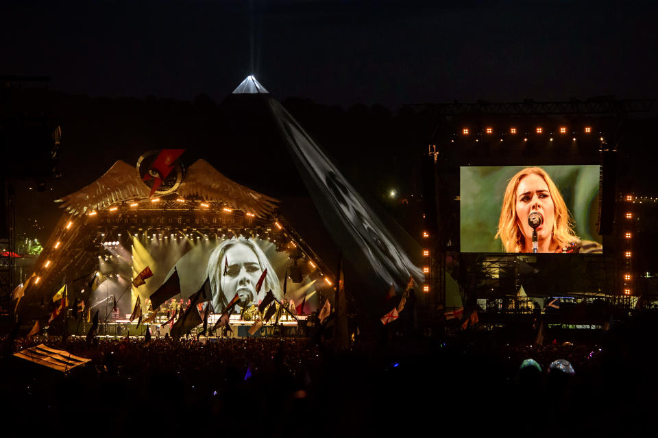 British singer Adele performs at the Glastonbury music festival at Worthy Farm, in Somerset, England, Saturday, June 25, 2016. (Photo by Jonathan Short/Invision/AP)