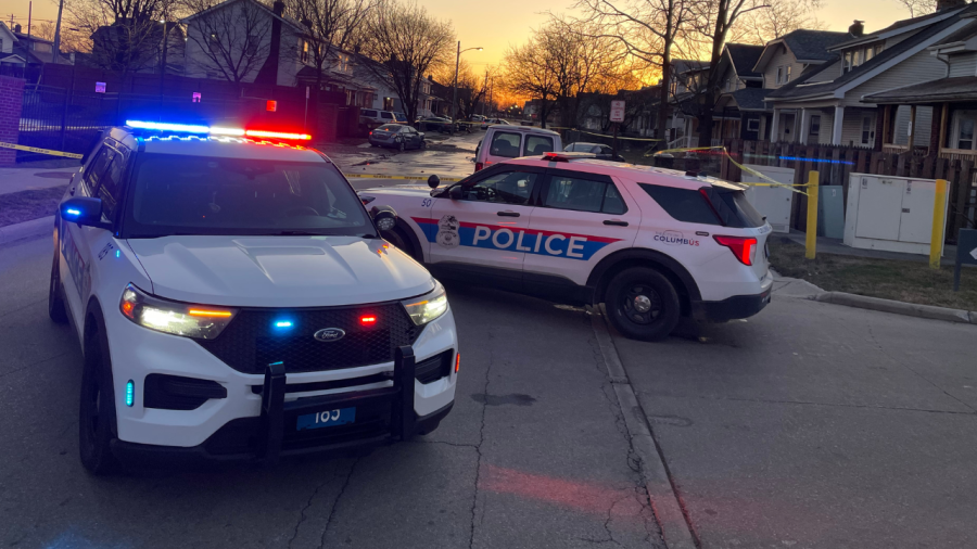 Police on scene at the 900 block of East 11th Avenue after fatal shooting suspects crash their getaway car and cause a water main break. (NBC4/Drew Yaussy)