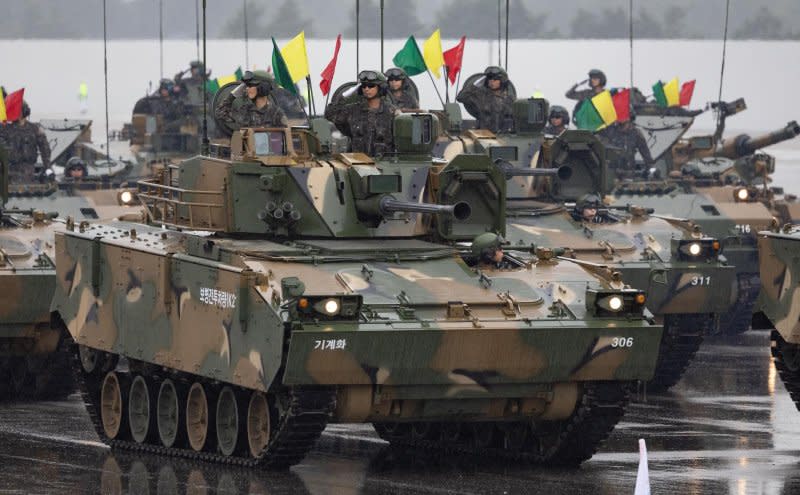 An armored column is on display at a ceremony to mark the 75th anniversary of Armed Forces Day at Seoul Air Base in Seongnam, south of Seoul, on Tuesday. Pool Photo by Yonhap