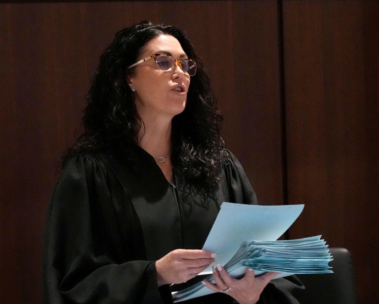 Waukesha County Circuit Court Judge Jennifer Dorow reads the verdicts for all 76 counts during the Darrell Brooks trial on Wednesday.