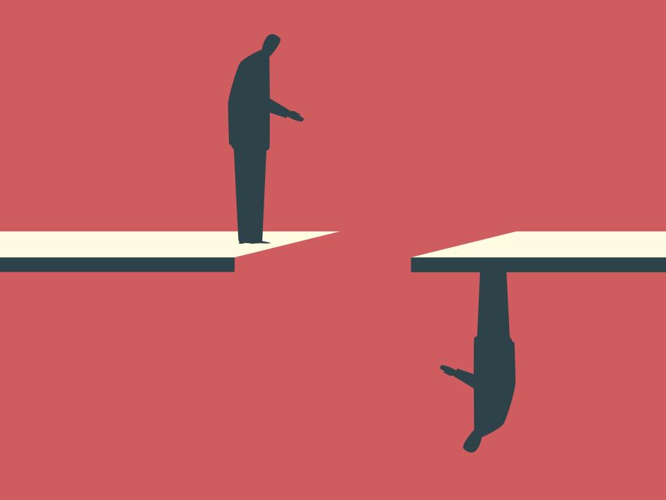 An illustration of two people arguing, one is facing upside down, symbolizing their miscommunication.