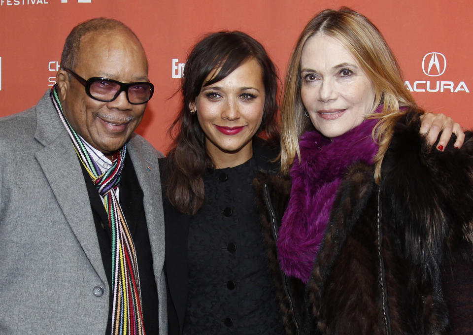 Actress Rashida Jones, left, poses with her father Quincy Jones, left, and her mother Peggy Lipton, right, at the premiere of "Celeste and Jesse Forever" at the 2012 Sundance Film Festival in Park City, Utah on Friday, Jan. 20, 2012. (AP Photo/Danny Moloshok)