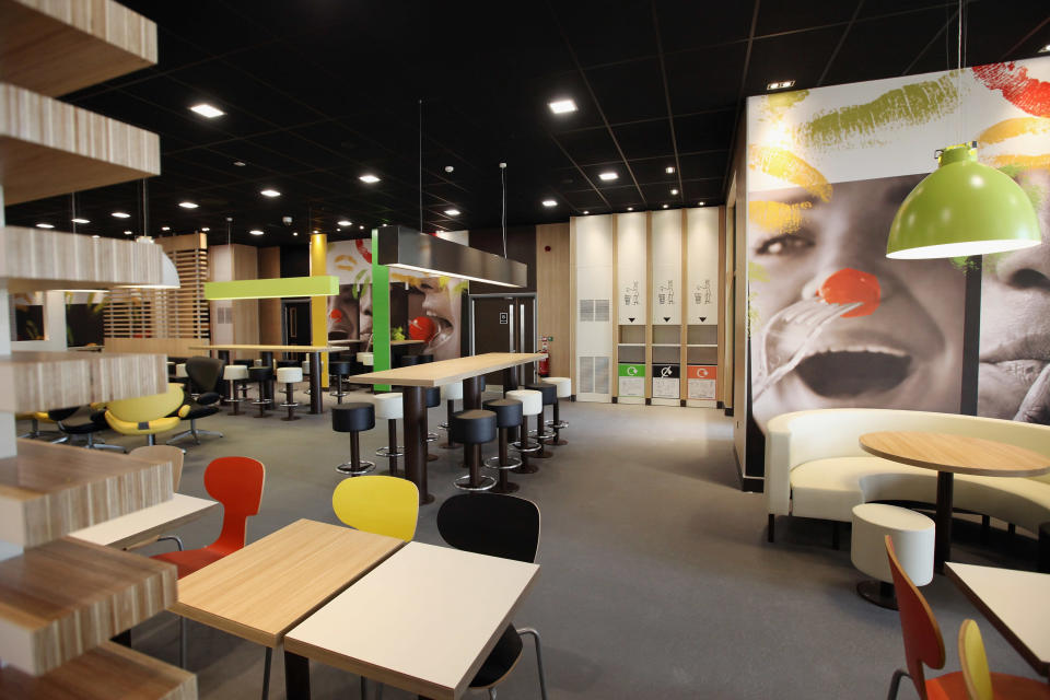 LONDON, ENGLAND - JUNE 25: An interior view of the world's largest McDonald's restaurant and their flagship outlet in the Olympic Park on June 25, 2012 in London, England. The restaurant, which is one of four McDonald's to be situated within the Olympic Park, will have a staff of 500. After the Olympic and Paralympic Games conclude the restaurant will be dismantled and all fixtures and fittings will be either reused or recycled. (Photo by Oli Scarff/Getty Images)