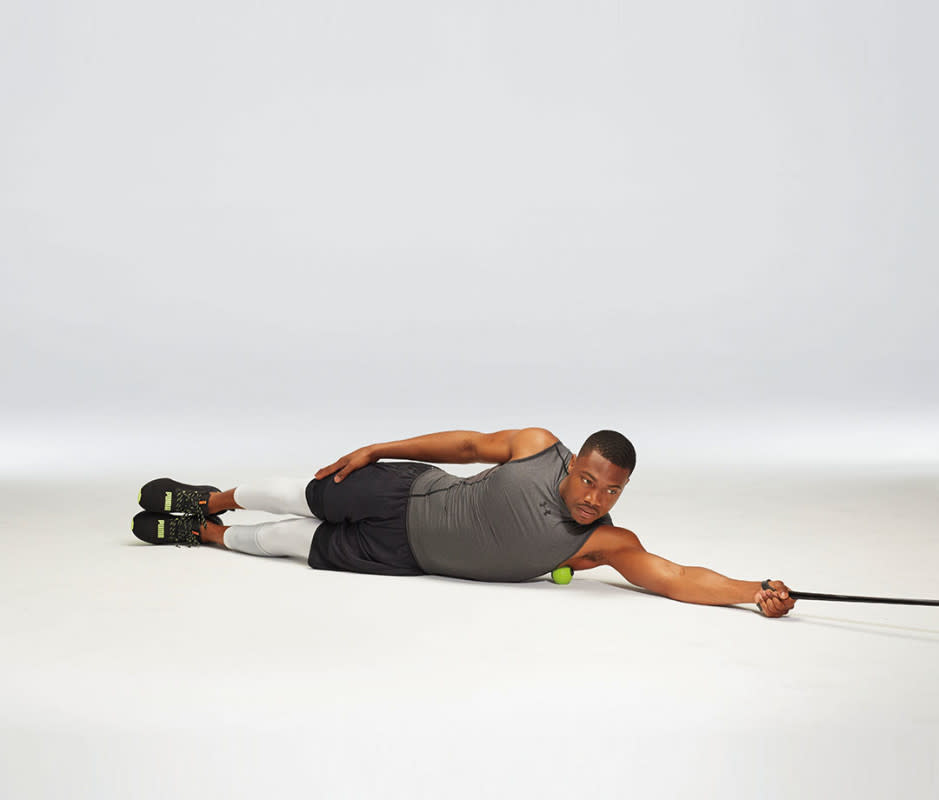 How to Do It<ol><li>Attach a resistance band near the bottom of a rig. Lie on right side, right arm extended, band taut, holding free end of band, a lacrosse ball wedged between ground and body just outside of armpit, to start.</li><li>Shift weight into ball. </li><li>Hold position for 1 minute on each side. </li><li>That's 1 set.</li></ol>