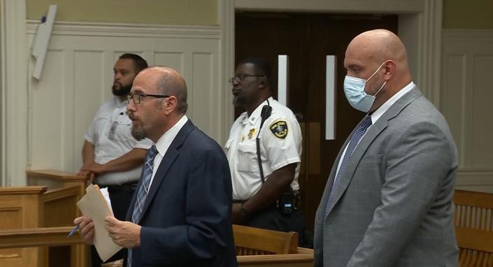 Brian Bairos, right, was arraigned in Brockton Superior Court Wednesday morning, June 29, 2022. Next to him stands his attorney, Scott Gediman.