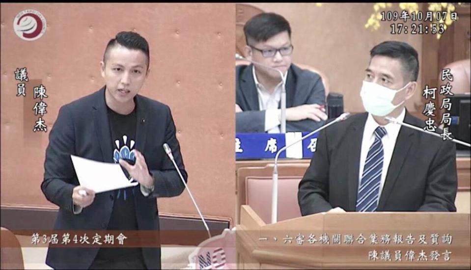 新北市議員陳偉杰，今在新北市議會質詢萊豬洗腦宣傳單入侵校園一案，提案禁止。(圖/翻攝自 新北市議會)
