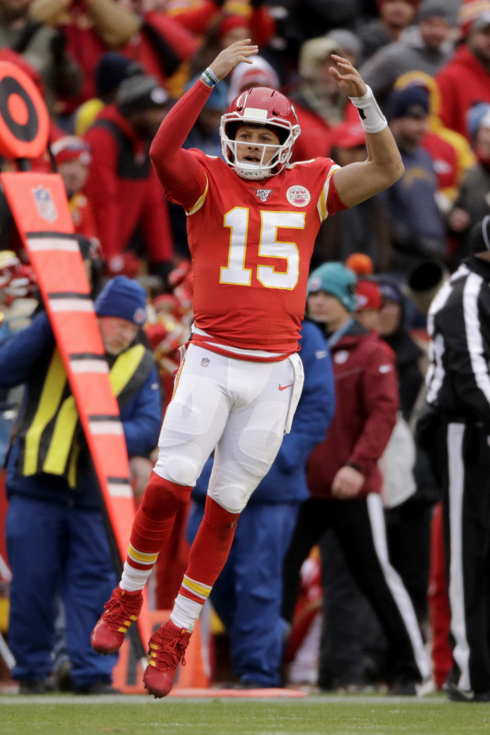 Kansas City Chiefs quarterback Patrick Mahomes (15) reacts during the second half of an NFL football game against the Los Angeles Chargers in Kansas City, Mo., Sunday, Dec. 29, 2019. (AP Photo/Charlie Riedel)