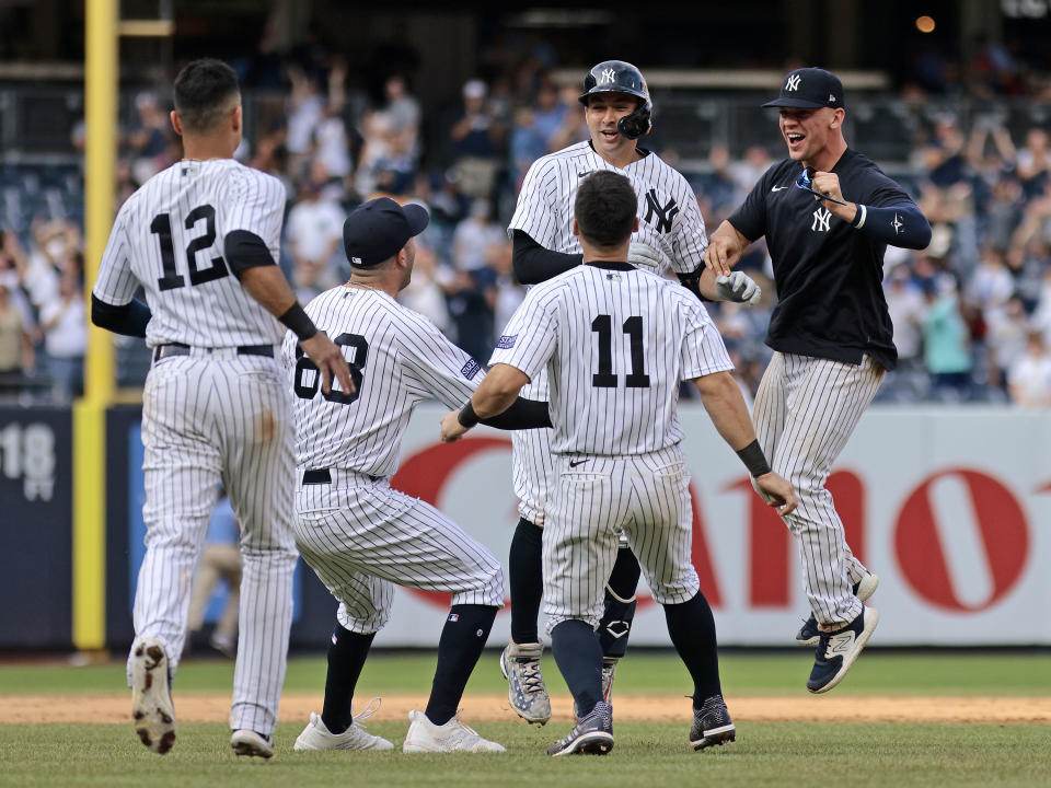 洋基靠著Kyle Higashioka的再見二壘安打一棒結束13局惡鬥。（MLB Photo by Christopher Pasatieri/Getty Images）