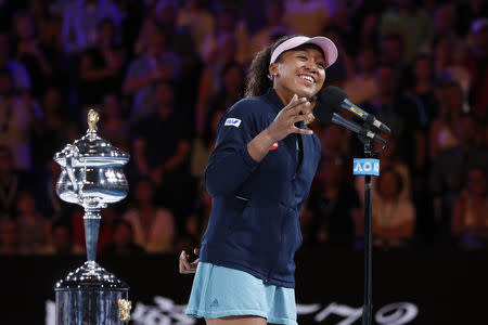 Tennis - Australian Open - Women's Singles Final - Melbourne Park, Melbourne, Australia, January 26, 2019. Japan's Naomi Osaka gives a speech after winning her match against Czech Republic's Petra Kvitova. REUTERS/Adnan Abidi