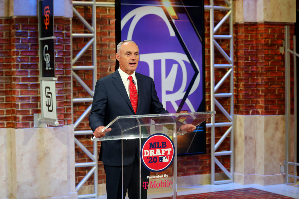 SECAUCUS, NJ - JUNE 10:  Major League Baseball Commissioner Robert D. Manfred Jr. announces the ninth pick of the 2020 MLB Draft is Zac Veen by the Colorado Rockies during the 2020 Major League Baseball Draft at MLB Network on Wednesday, June 10, 2020 in Secaucus, New Jersey. (Photo by Alex Trautwig/MLB Photos via Getty Images)