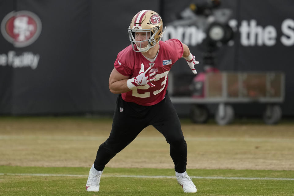 San Francisco 49ers running back Christian McCaffrey (23) runs during NFL football practice in Santa Clara, Calif., Wednesday, Jan. 24, 2024. The 49ers are scheduled to play the Detroit Lions Sunday in the NFC championship game. (AP Photo/Jeff Chiu)