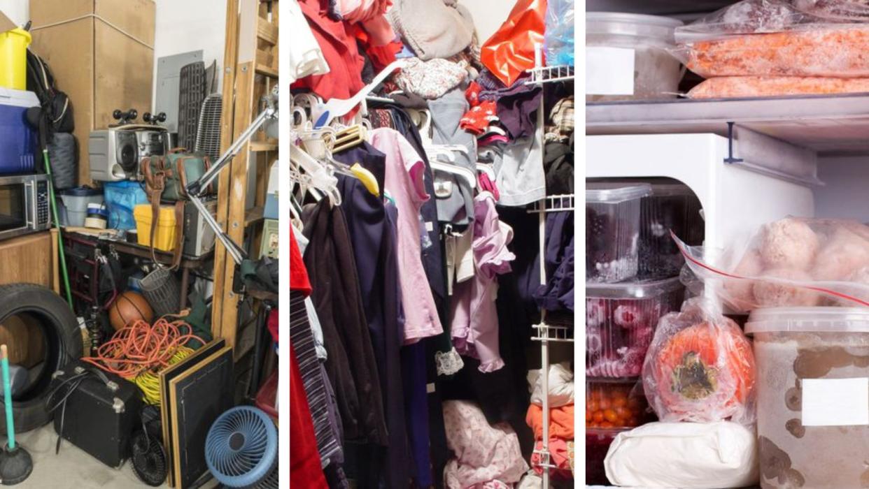 A cluttered garage, an overflowing closet, and a full freezer