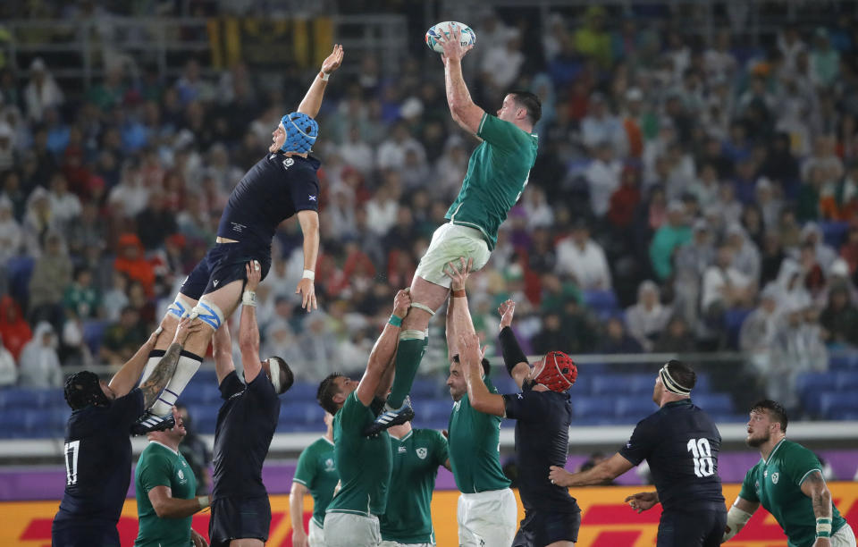 Ireland's James Ryan takes lineout ball during the Rugby World Cup Pool A game at International Stadium between Ireland and Scotland in Yokohama, Japan, Sunday, Sept. 22, 2019. (AP Photo/Christophe Ena)