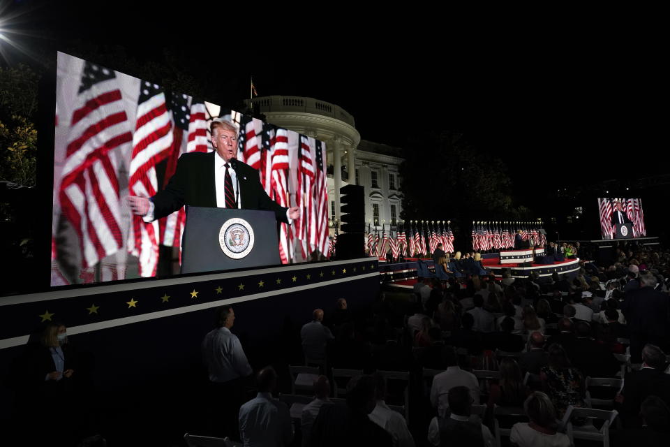 President Donald Trump speaks from the South Lawn of the White House on the fourth day of the Republican National Convention, Thursday, Aug. 27, 2020, in Washington. (AP Photo/Alex Brandon)