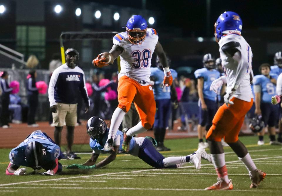 Delmar's Isaiah Holbrook leaves would-be Lake Forest tackers behind as he takes a reception to the end zone for a score in the second quarter of Delmar's 30-27 win at Lake Forest High School, Thursday, Oct. 12, 2023.