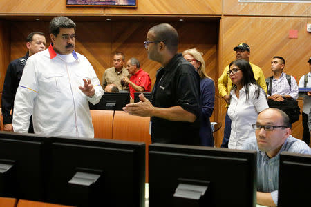 Venezuela's President Nicolas Maduro speaks during his visit to the Hydroelectric Generation System on the Caroni River, near Ciudad Guayana, Bolivar State, Venezuela March 16, 2019. Picture taken March 16, 2019. Miraflores Palace/Handout via REUTERS