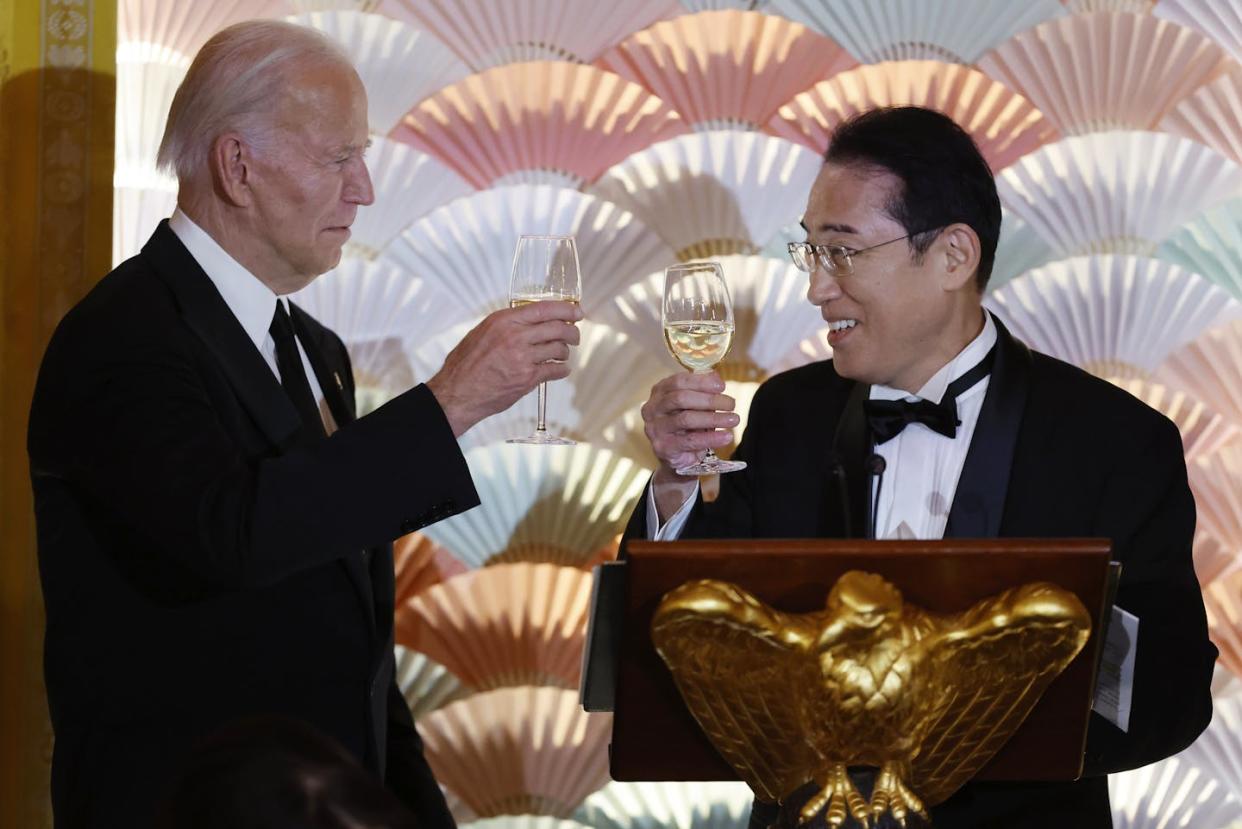 Kanpai! Japanese Prime Minister Fumio Kishida is hoping the U.S.-Japan relationship doesn't lose its fizz. <a href="https://www.gettyimages.com/detail/news-photo/president-joe-biden-and-japanese-prime-minister-fumio-news-photo/2148212025?adppopup=true" rel="nofollow noopener" target="_blank" data-ylk="slk:Chip Somodevilla/Getty Images;elm:context_link;itc:0;sec:content-canvas" class="link ">Chip Somodevilla/Getty Images</a>
