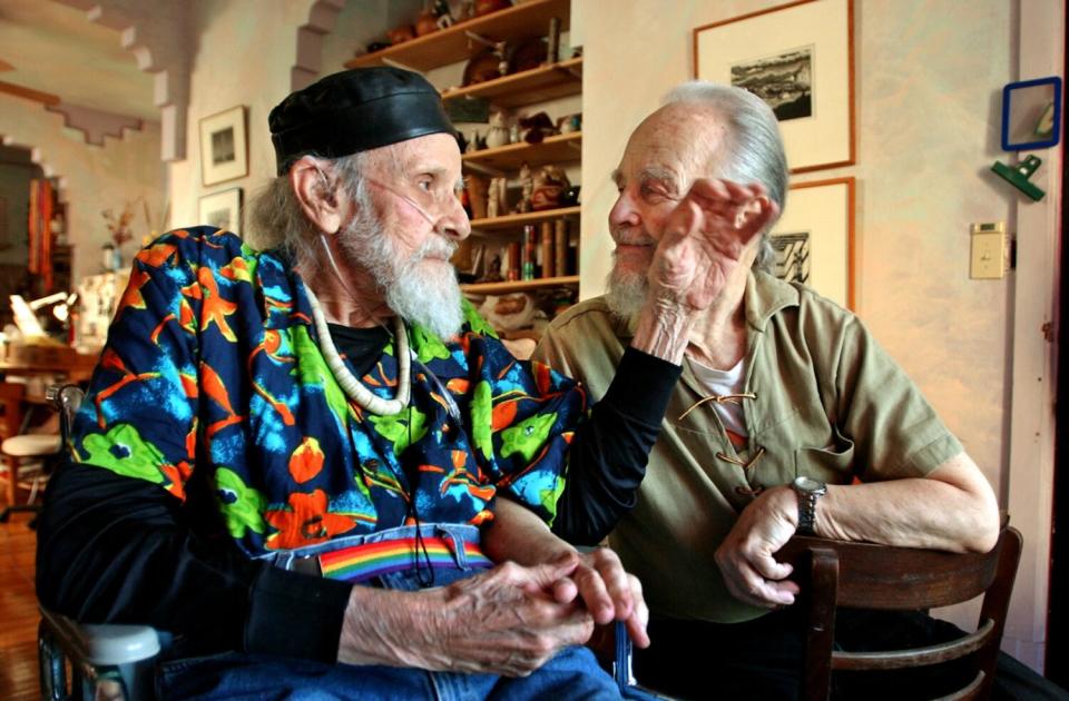 July 2002 photo of Harry Hay, left, with his partner John Burnside in San Francisco.