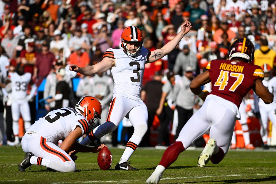 Jan 1, 2023; Landover, Maryland, USA; Cleveland Browns place kicker Cade York (3) kicks a 37 yard field goal against the Washington Commanders during the first half at FedExField. Mandatory Credit: Brad Mills-USA TODAY Sports