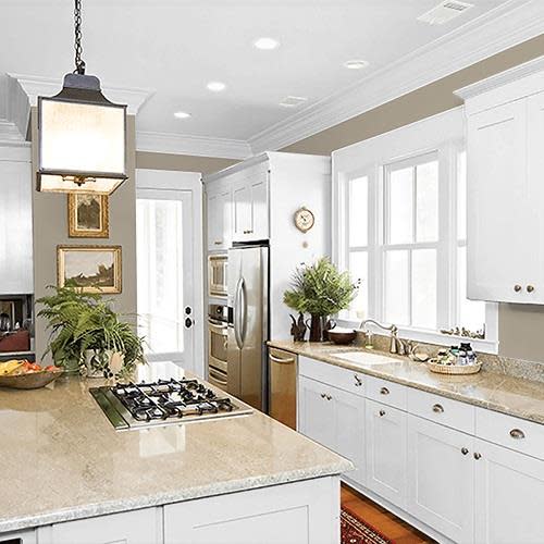 Kitchen with walls painted grey with stonehenge greige