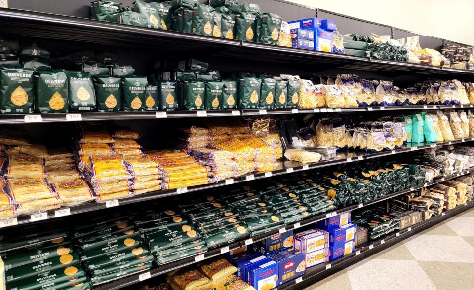 The dry pasta aisle at Westerly Packing is well-stocked with imported products.
