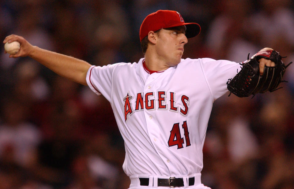 Anaheim Angels' John Lackey throws a second-inning pitch against the Oakland Athletics, in Anaheim, Calif., Wednesday, Sept. 11, 2002.   (AP Photo/Lucy Nicholson)