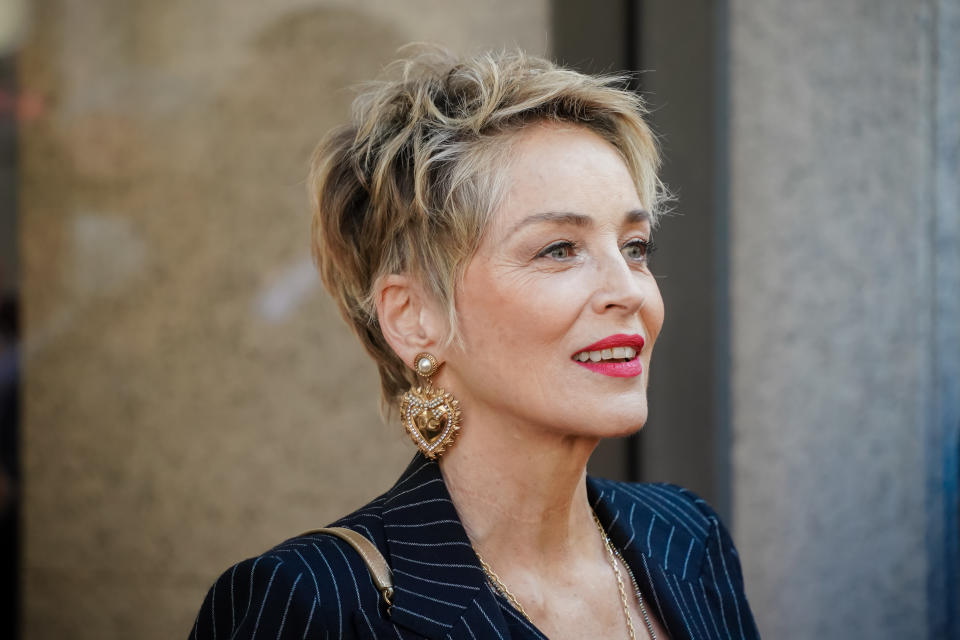 American actress Sharon Stone, who spent two years recovering from aphasia, visits Dolce & Gabbana's boutique during the fifth day of the Milan Fashion Week Women's Fall Winter Collection 2022. Milan (Italy), February 26th, 2022 (Mondadori Portfolio via Getty Images)