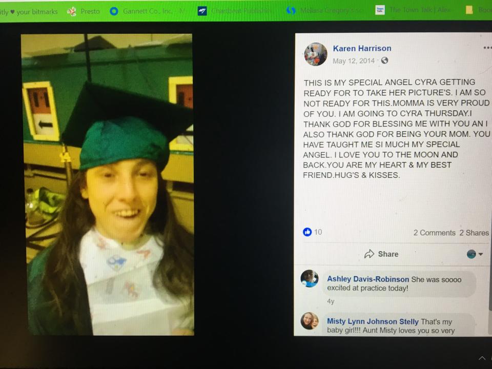 Karen Johnson Harrison, the mother of Cyra Harrison, posted this photo to Facebook in May 2017 as her daughter readied to take graduation photos at Plainview High School. The 25-year-old woman, who had cerebral palsy, was found dead on Nov. 23, 2018. Her mother's cousin, Marilyn Sue Maricle, has testified that her husband, Glen Maricle, and Karen Harrison plotted to starve the woman so they could be together and move to Texas.