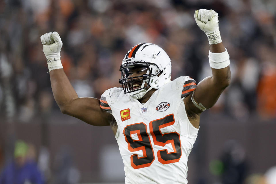 Cleveland Browns defensive end Myles Garrett celebrates during the second half of an NFL football game against the New York Jets Thursday, Dec. 28, 2023, in Cleveland. (AP Photo/Ron Schwane)