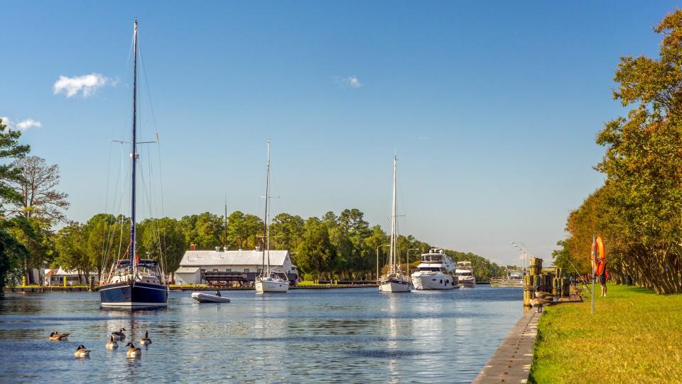 Boats exiting the Great Bridge Locks.