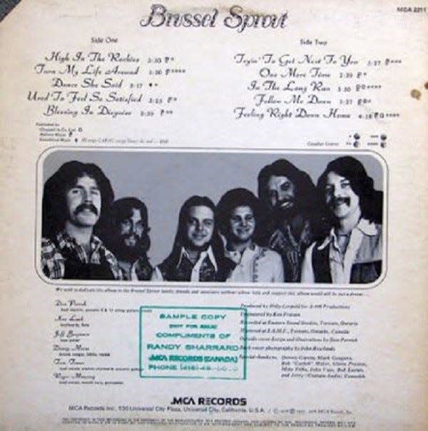 The back cover of the Brussel Sprout album features band members Tom Treece, John Vass, Don Perrish, Ken Lush, Jeff Benjamin and Denny Moses. The album, recorded in 1975 at Toronto’s famous Eastern Sound Studio, was released in 1976.