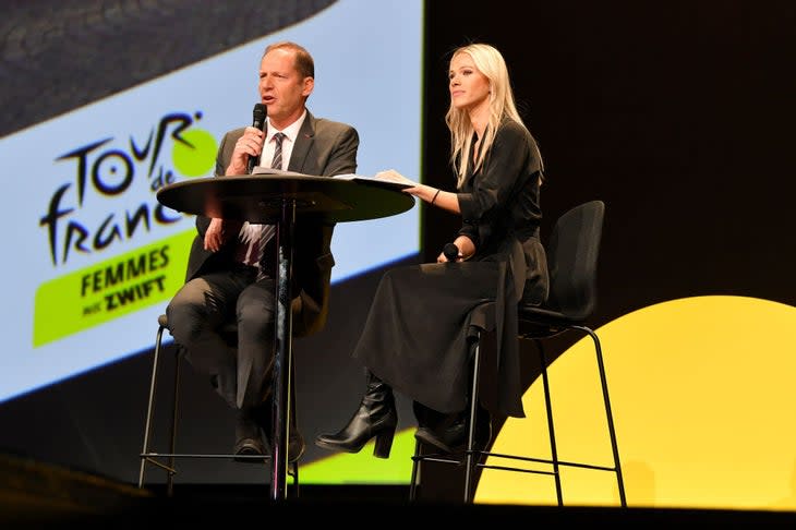 <span class="article__caption">Marion Rousse, shown here with Christian Prudhomme, during last year’s course presentation.</span> (Photo: Luc Claessen/Getty Images)