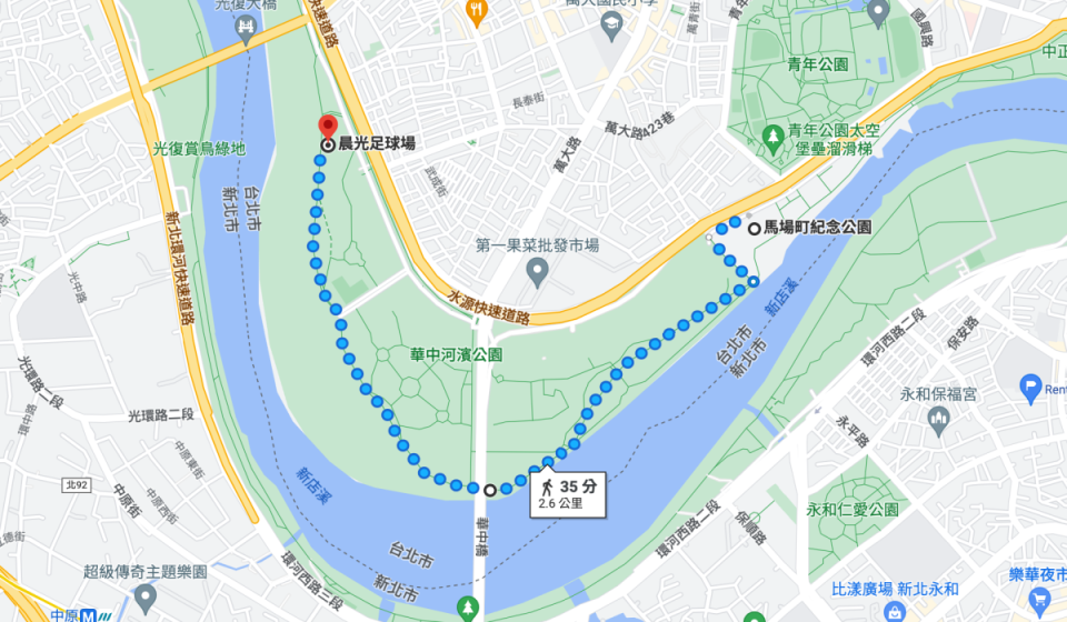 5K 輕鬆跑可以跑進華中河濱公園，感受廣闊的景觀視野，跑到晨光足球場約 2.5K 再折返即可。（圖/google map）