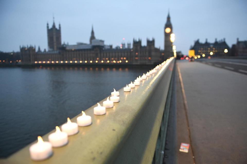 A row of candles on Westminster Bridge today as London slowly gets back to normal (Jeremy Selwyn)