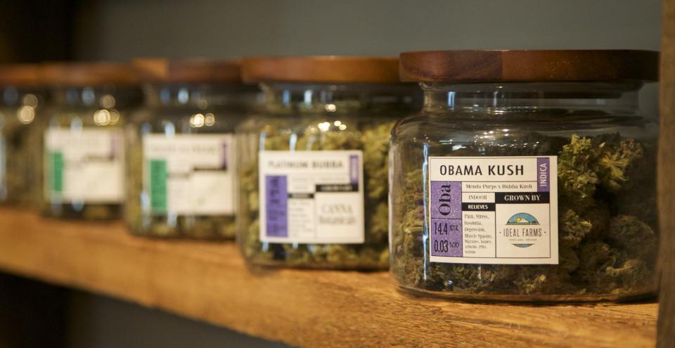 Marijuana-based products are displayed at the &quot;Oregon&#39;s Finest&quot; medical marijuana dispensary in Portland, Oregon in this April 8, 2014 file photo. Advocates of legal marijuana in Oregon have gathered more than the required number of signatures to get a measure on the November ballot that would permit recreational use of the drug by adults, organizers said on June 17, 2014. REUTERS/Steve Dipaola/Files (UNITED STATES - Tags: DRUGS SOCIETY POLITICS HEALTH)