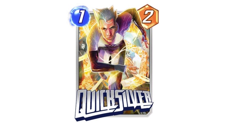 A image shows the Marvel Snap card Quicksilver.