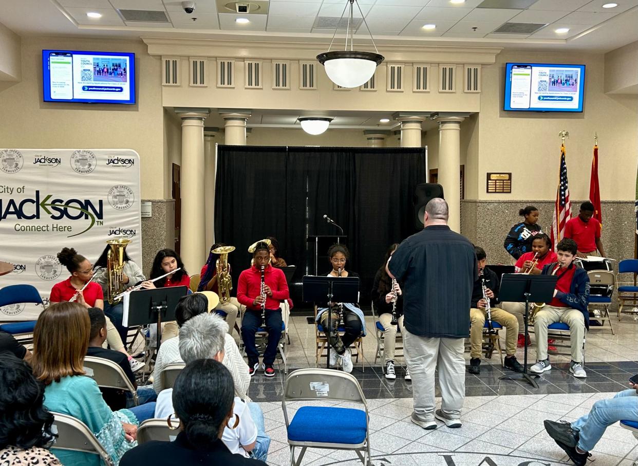 The North Parkway Middle School band performs for the City of Jackson's second annual Children's Day celebration at City Hall on April 26, 2024 in Jackson, Tenn.