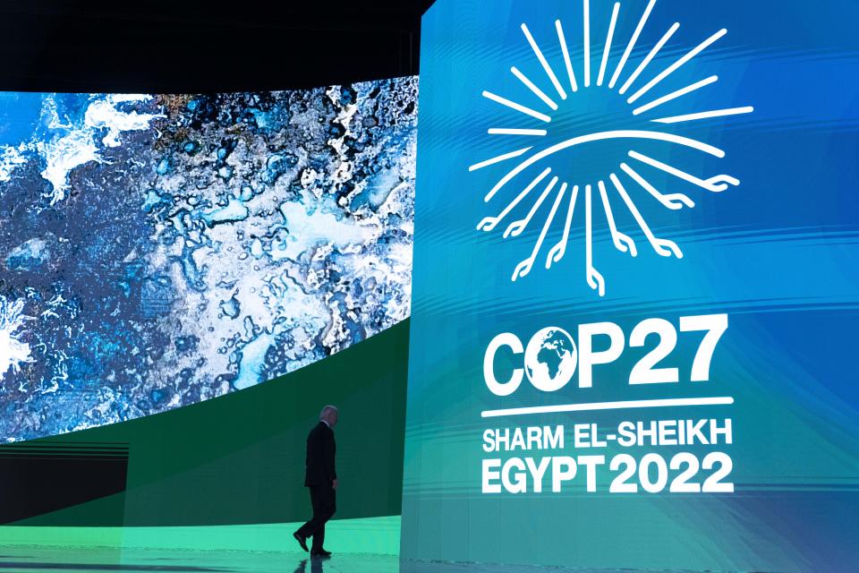 President Joe Biden departs after speaking at the COP27 U.N. Climate Summit, Friday, Nov. 11, 2022, at Sharm el-Sheikh, Egypt. (AP Photo/Alex Brandon)