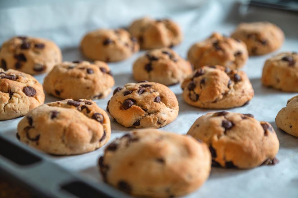 homemade chocolate chip cookies on the baking tray