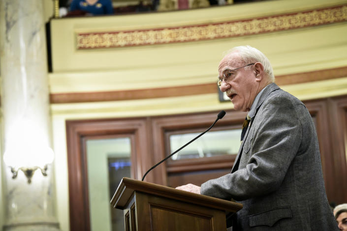 FILE - State Sen. John Fuller, R-Kalispell, introduces SB99, a bill banning gender-affirming medical care for transgender minors, to the Senate Judiciary Committee on Jan. 27, 2023, in the State Capitol in Helena, Mont. The dozens of statehouse bills to restrict health care for transgender youths were in many cases not born of grassroots despair and a groundswell of constituent demand, but were pre-written and shopped out by a handful of conservative interest groups. One of the clearest examples is in Montana, where nearly all the language in Senate Bill 99 can be found in Do No Harm's model bill. (Thom Bridge/Independent Record via AP, File)