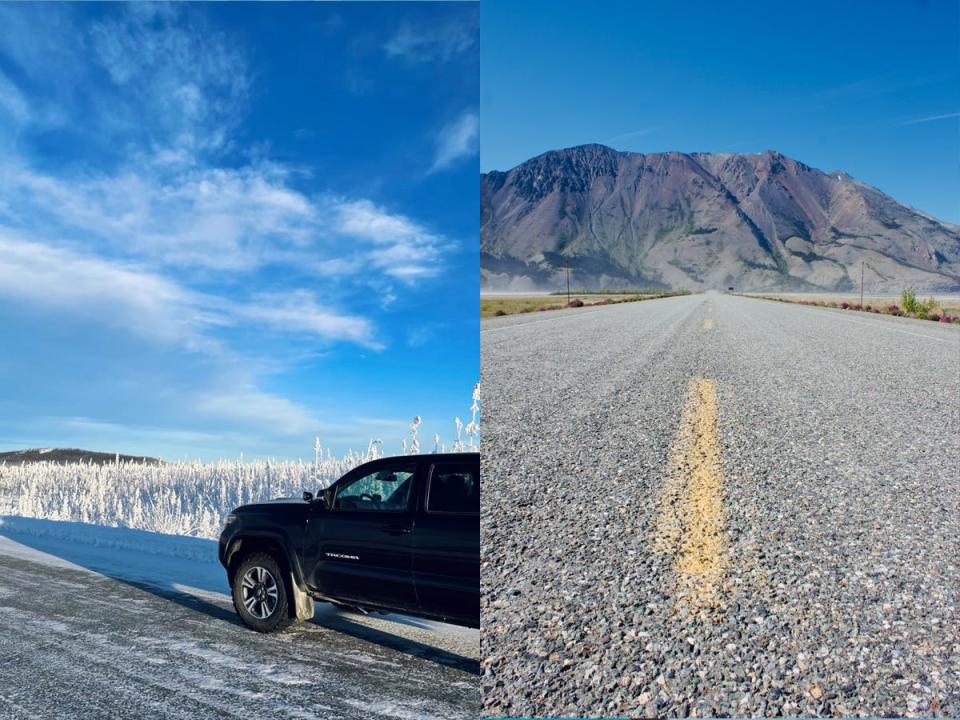 truck driving in canada in front of blue skies next to photo of road in front of mountains