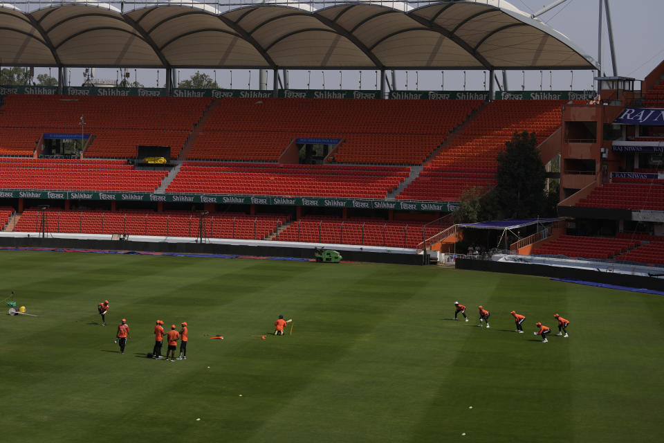 Indian cricketers attend a practice session ahead of their first cricket test match against England in Hyderabad, India, Tuesday, Jan. 23, 2024. (AP Photo/Mahesh Kumar A.)