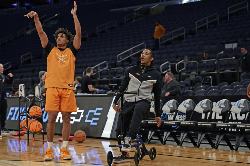 Tennessee guard Zakai Zeigler reacts watching his shot next to Alec Kegler (24) during practice before a Sweet 16 college basketball game at the NCAA East Regional of the NCAA Tournament, Wednesday, March 22, 2023, in New York. (AP Photo/Adam Hunger)