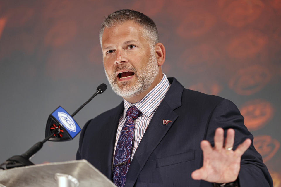 Virginia Tech head coach Justin Fuente speaks during the NCAA college football Atlantic Coast Conference media days in Charlotte, N.C., Wednesday, July 21, 2021. (AP Photo/Nell Redmond)